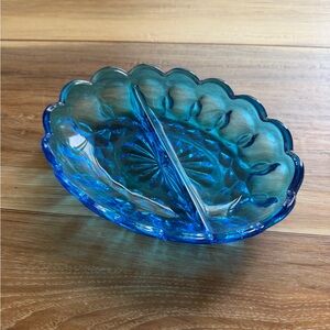 Blue Glass Divided Dish VINTAGE Mint Candy Nut Dish